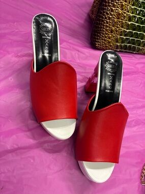 Red Open-Toe Slide Heels with White Footbed